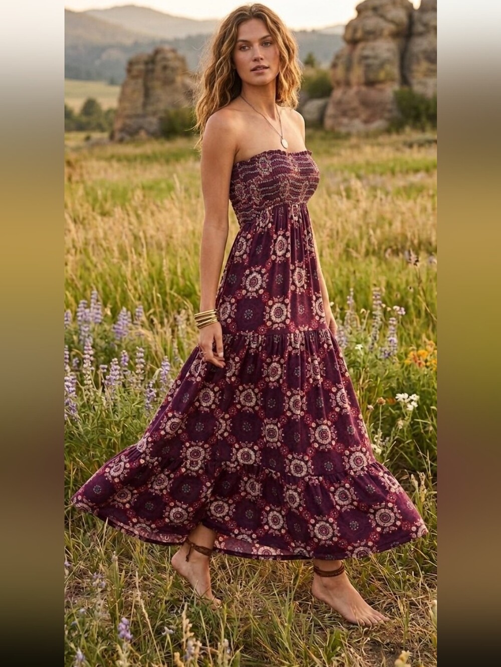 Fossil Strapless Boho Maxi Dress in Plum Floral
